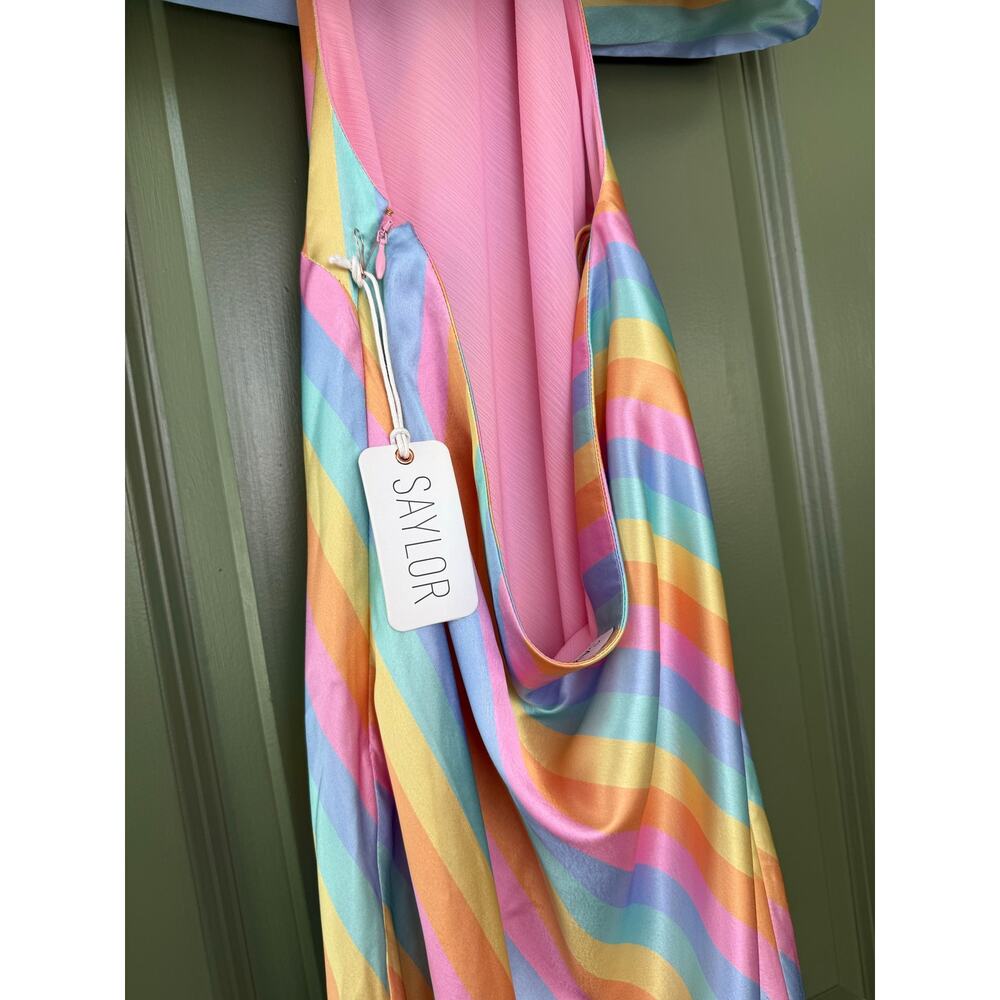 NWT Saylor Appolonia Rainbow Bias Satin Stripe Halter Resort Midi Dress Small - Picture 4 of 5